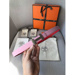 Hermes replica Pink and Brown Reversible H Buckle Leather Belt