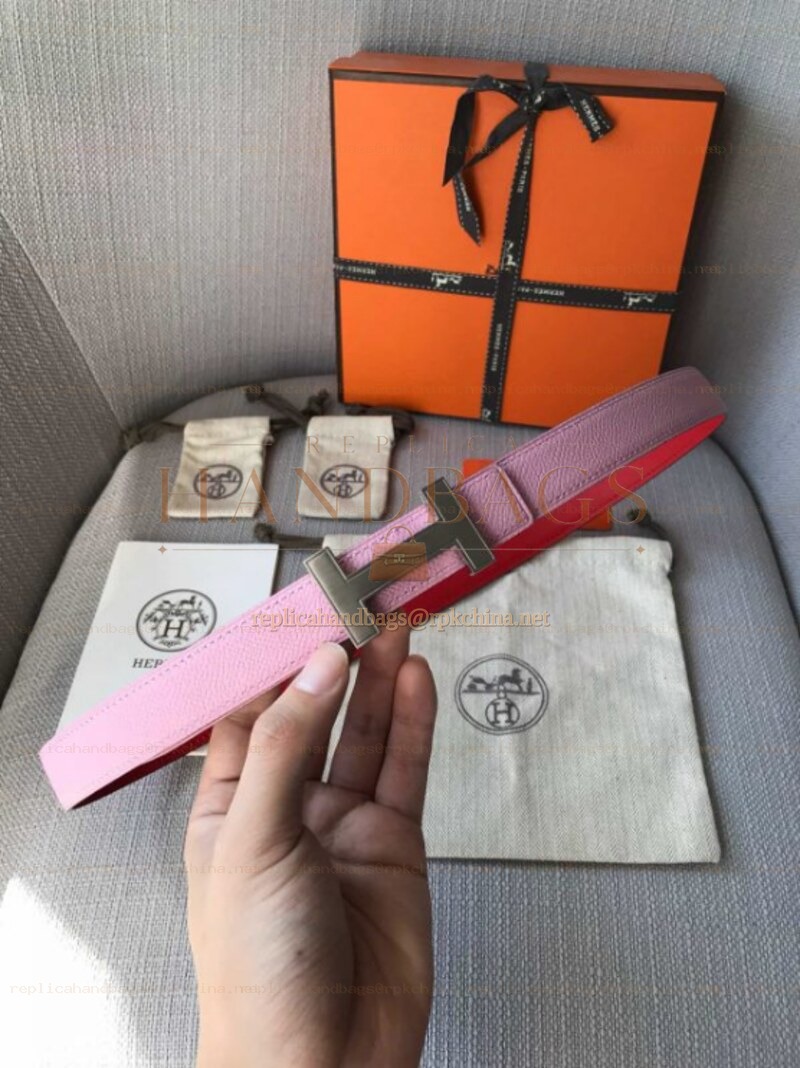 Hermes replica Pink and Brown Reversible H Buckle Leather Belt