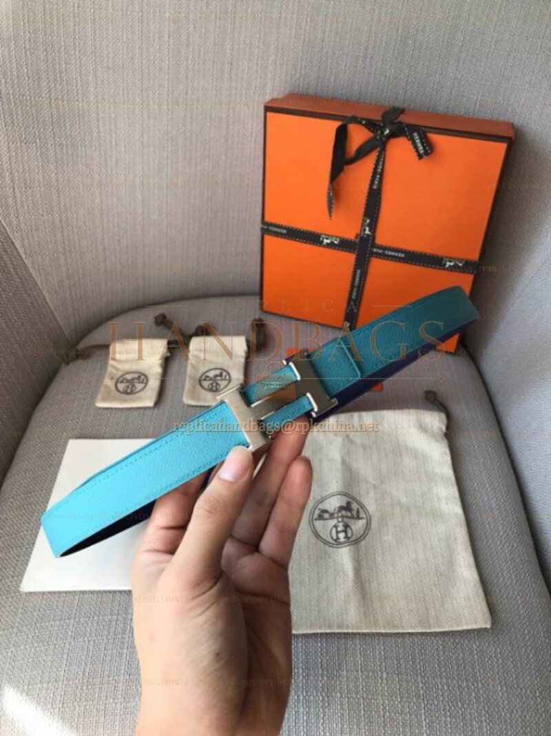 Hermes replica Turquoise and Brown Reversible H Buckle Leather Belt