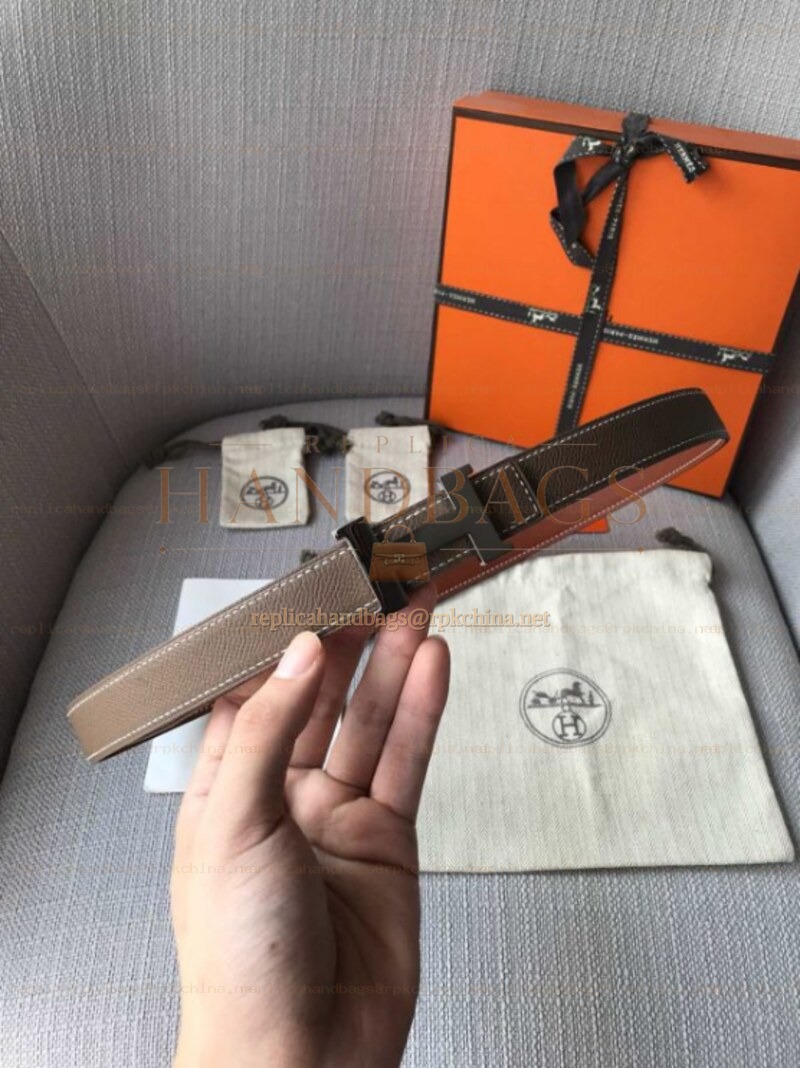 Hermes replica Brown and White Reversible H Buckle Leather Belt