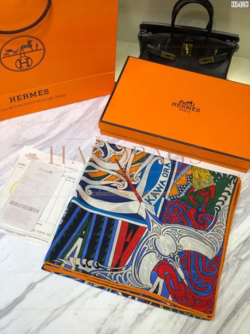 Replica Hermes Navy Multicolor Graphic 90cm Silk Scarf