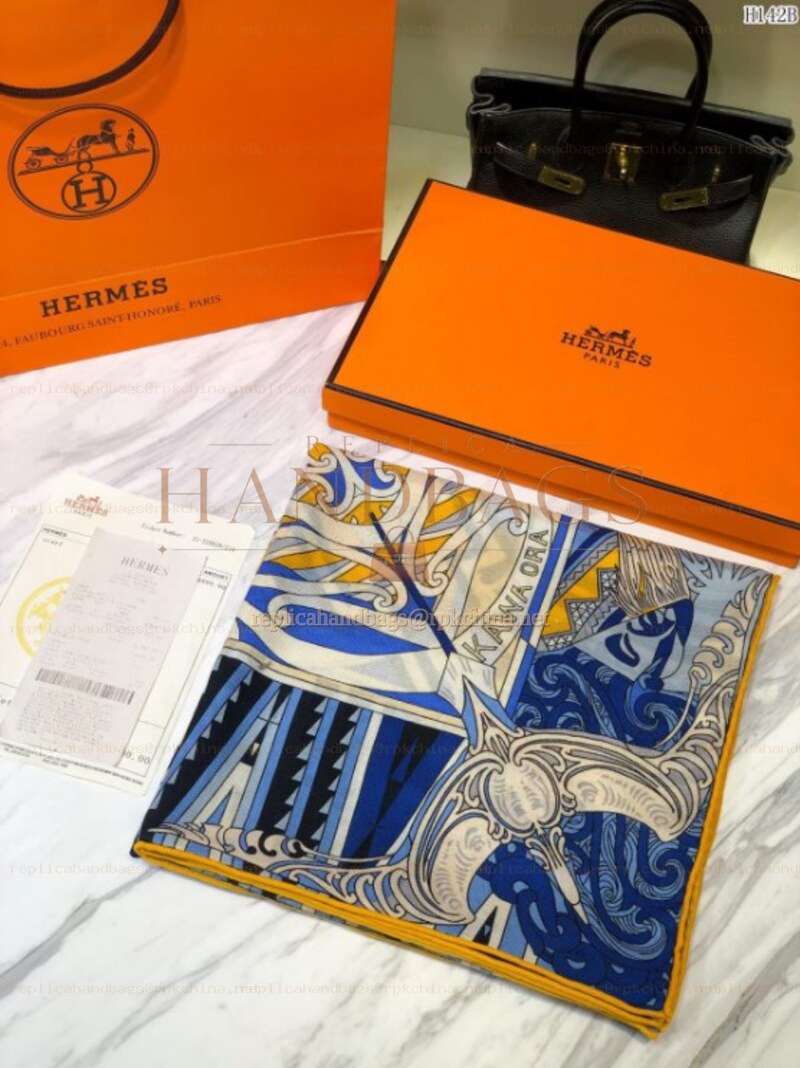 Replica Hermes Blue Gold Graphic 90cm Silk Scarf