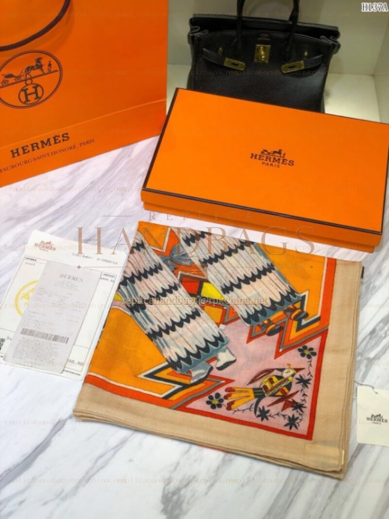 Replica Hermes Orange Multicolor Graphic 90cm Silk Scarf