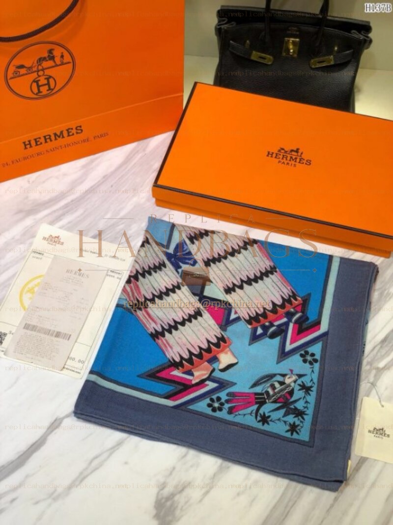 Replica Hermes Light Blue Multicolor Graphic 90cm Silk Scarf