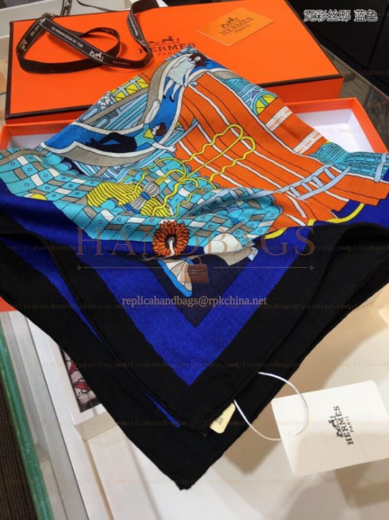 Replica Hermes Blue Orange Floral 90cm Silk Scarf