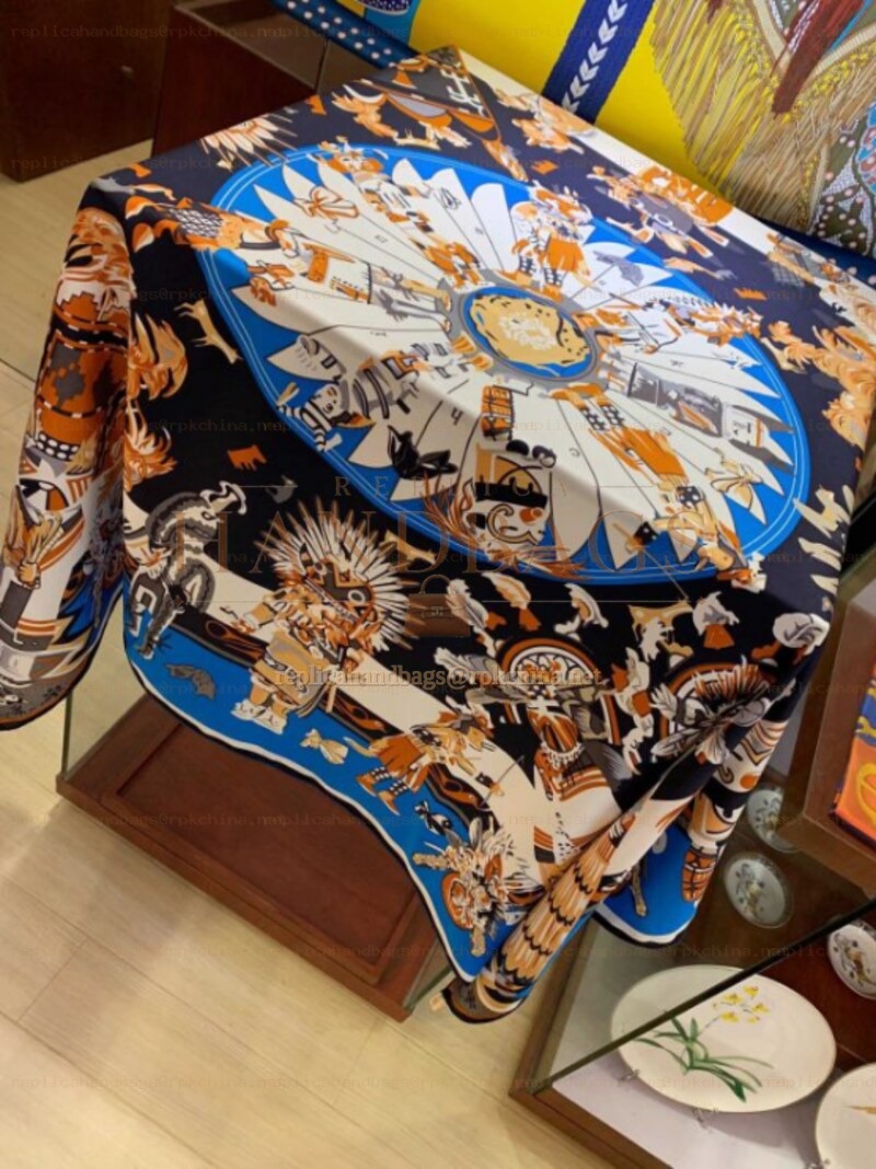 Replica Hermes Blue Gold Floral 90cm Silk Scarf