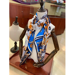 Replica Hermes Blue Gold Floral 90cm Silk Scarf