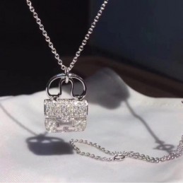 Replica Hermes silver diamond padlock necklace with polished chain