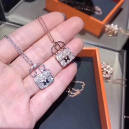 Replica Hermes silver diamond padlock necklace with polished chain