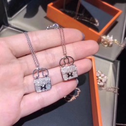 Replica Hermes silver diamond padlock necklace with polished chain