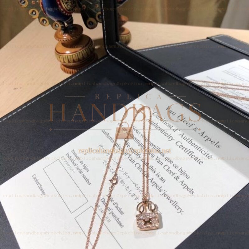 Replica Hermes rose gold lock pendant necklace with sparkling stones