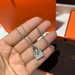 Replica Hermes silver lock pendant necklace with sparkling stones