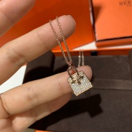 Replica Hermes rose gold diamond lock necklace with sparkling stones