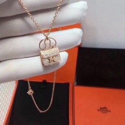 Replica Hermes Rose Gold Diamond Padlock Necklace - Style 2