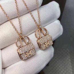 Replica Hermes Rose Gold Diamond Padlock Necklace - Style 2