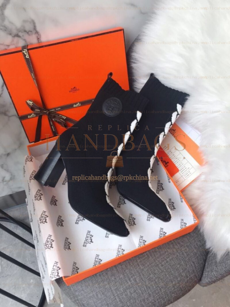 Replica Hermes Black White Lace Up Ankle Boot