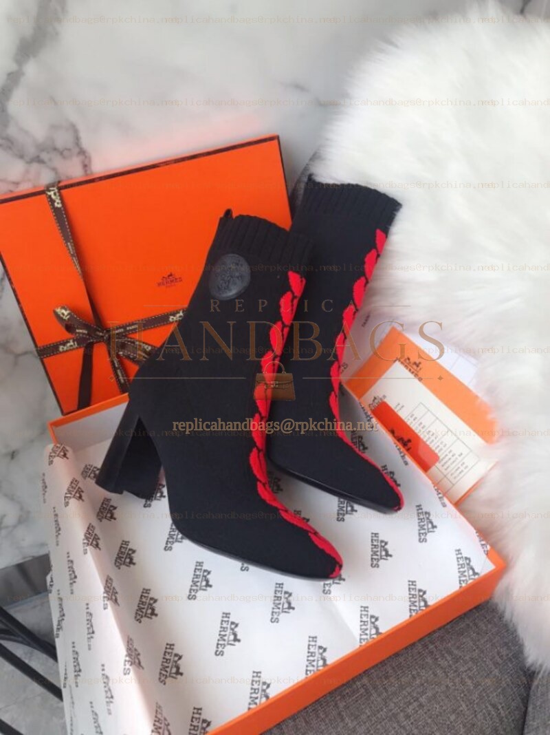 Replica Hermes Black Red Lace Up Ankle Boot