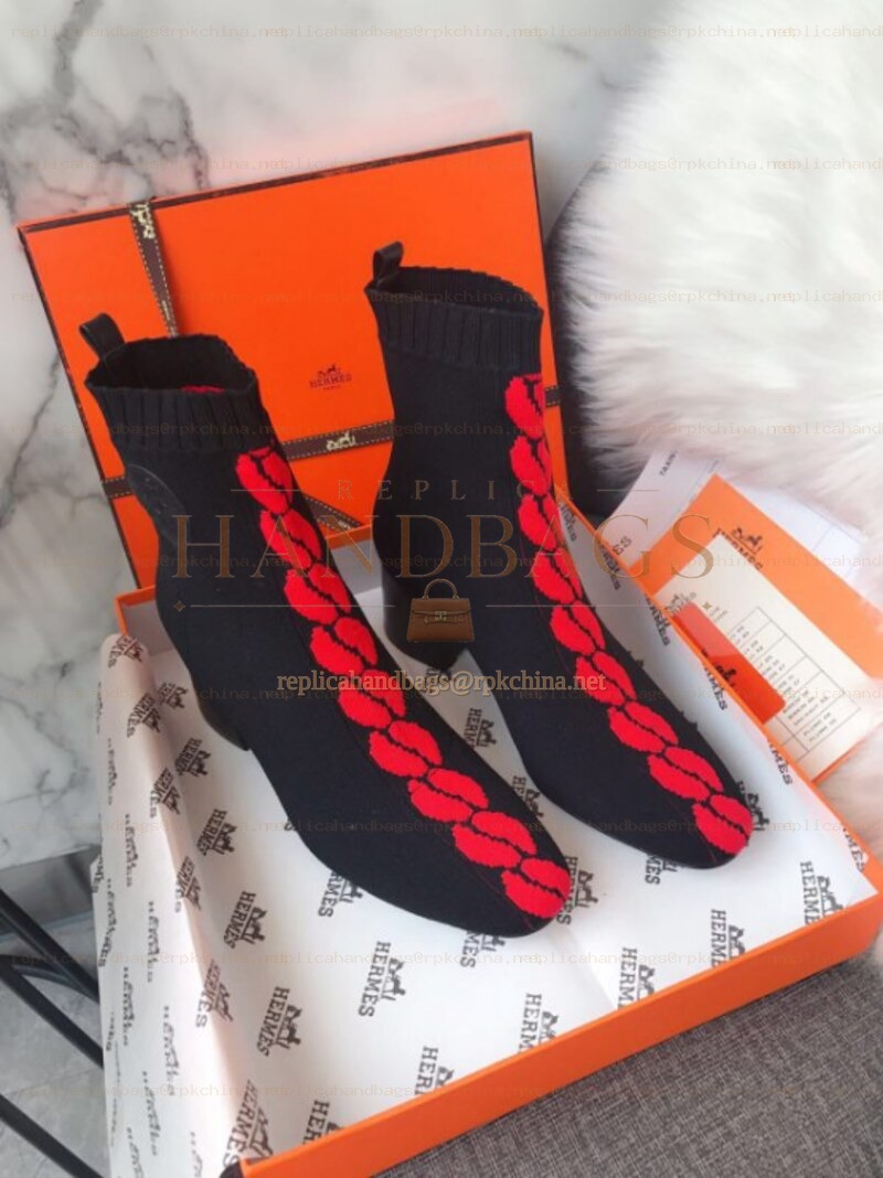 Replica Hermes Black Red Trim Lace Up Boot