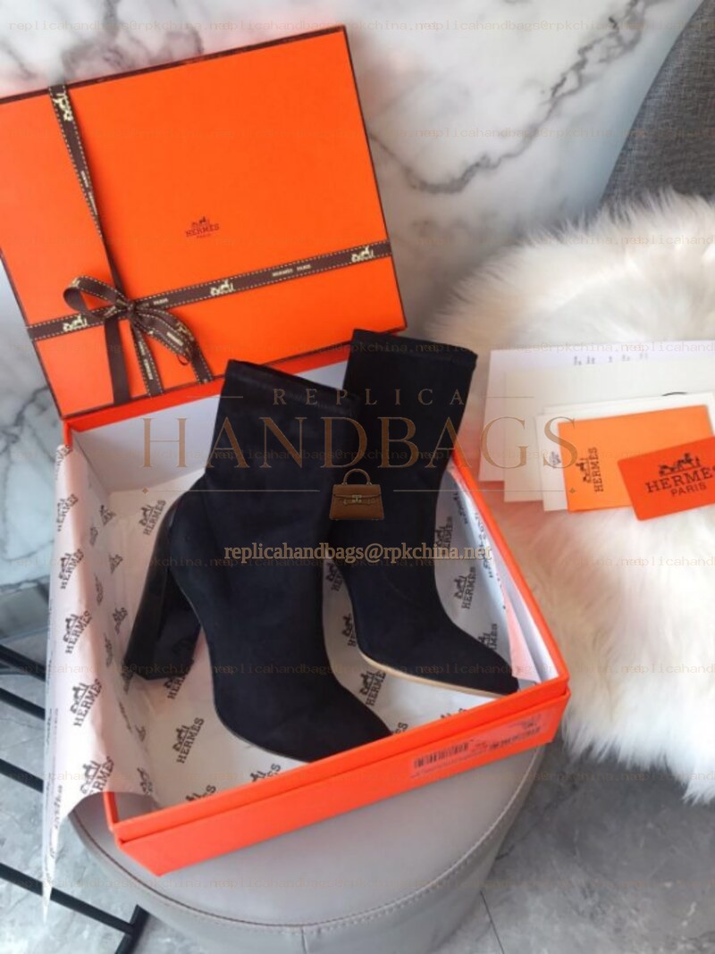 Replica Hermes Black Suede Heeled Ankle Boot