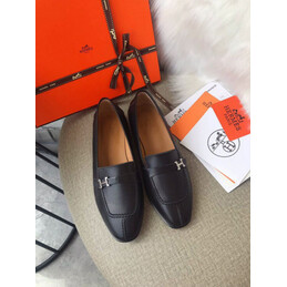 Replica Hermes Black Silver H Buckle Loafer