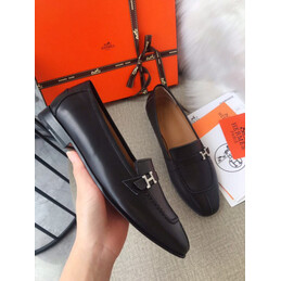 Replica Hermes Black Silver H Buckle Loafer