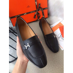 Replica Hermes Black Silver H Buckle Loafer