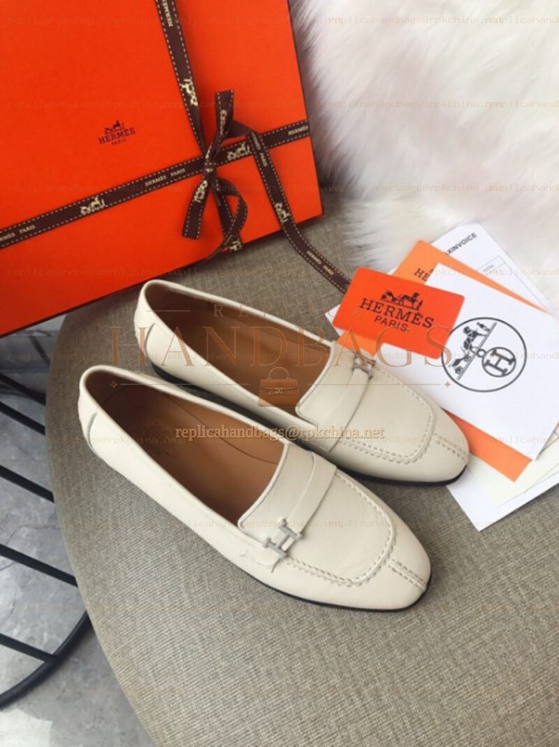 Replica Hermes Beige Silver H Buckle Loafer