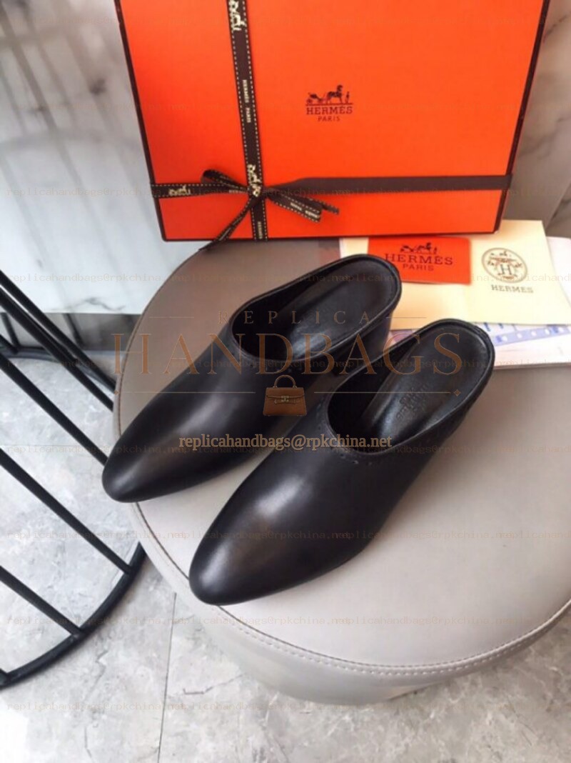 Replica Hermes Black Leather Slip On Mule