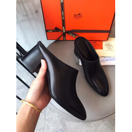Replica Hermes Black Leather Slip On Mule