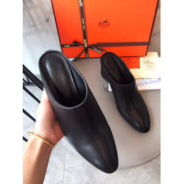 Replica Hermes Black Leather Slip On Mule