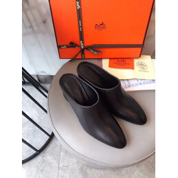 Replica Hermes Black Leather Slip On Mule