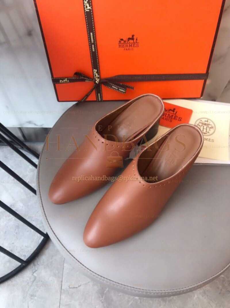 Replica Hermes Brown Leather Slip On Mule
