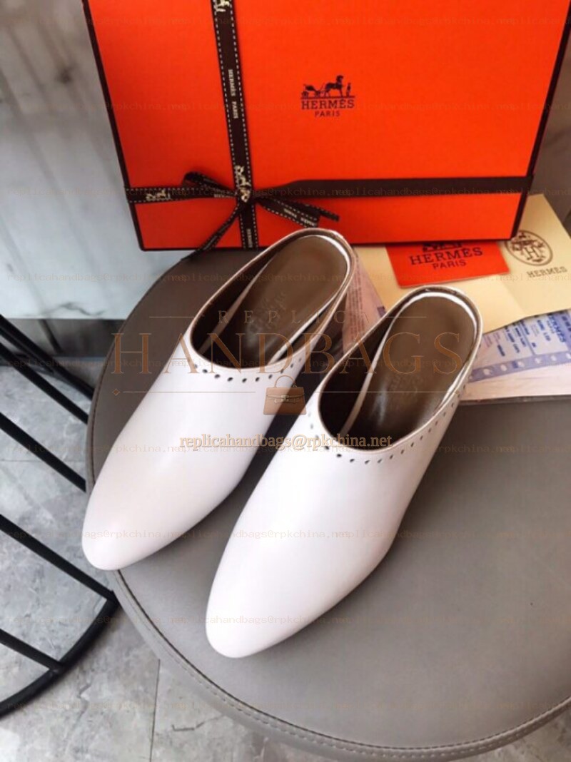 Replica Hermes White Leather Slip On Mule
