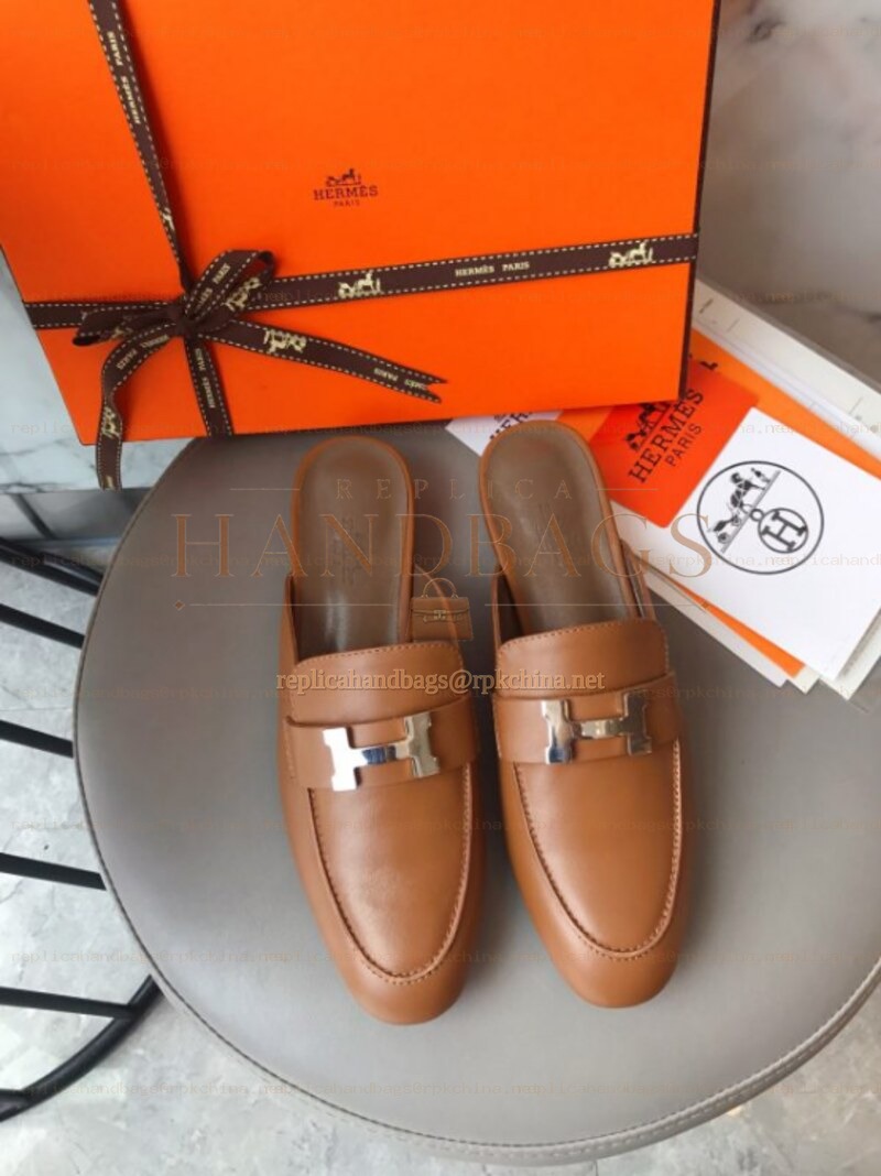 Replica Hermes Brown H Buckle Loafer Silver Hardware