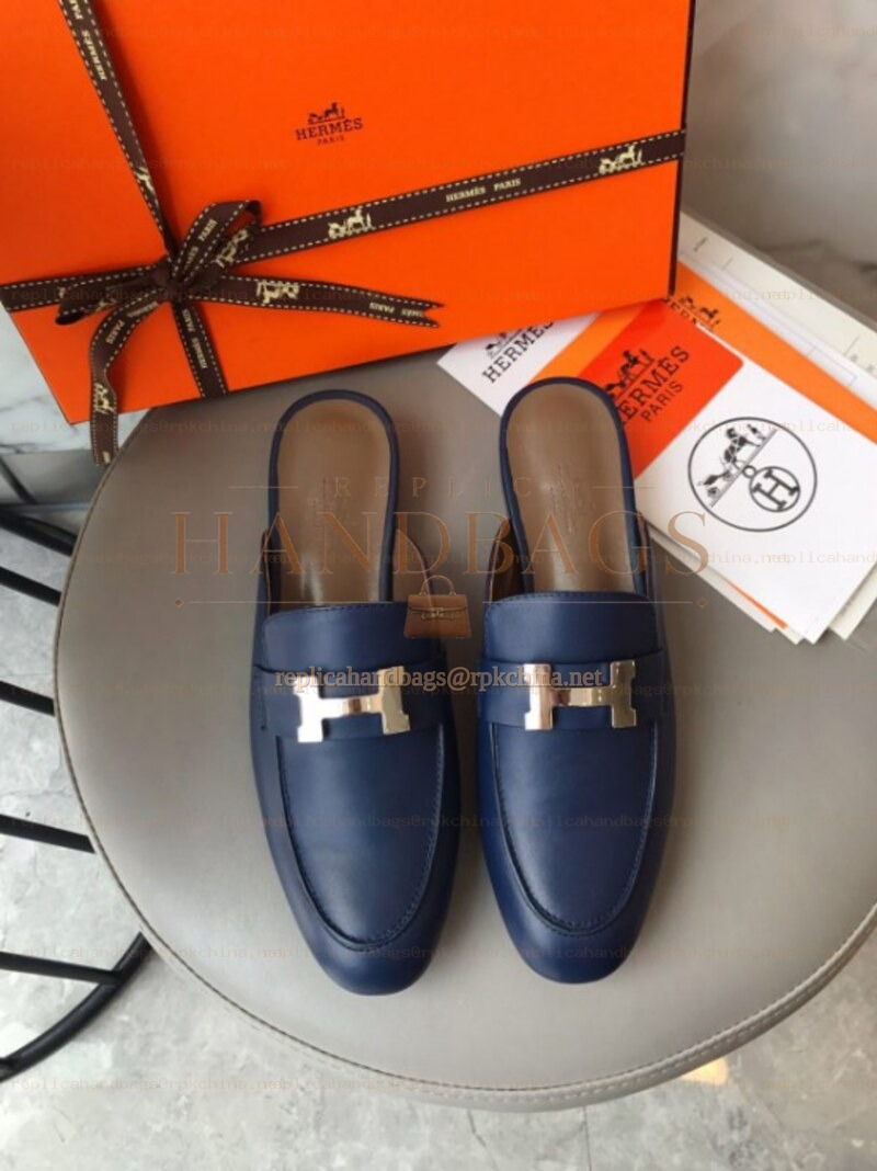 Replica Hermes Navy H Buckle Loafer Silver Hardware