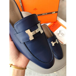 Replica Hermes Navy H Buckle Loafer Silver Hardware