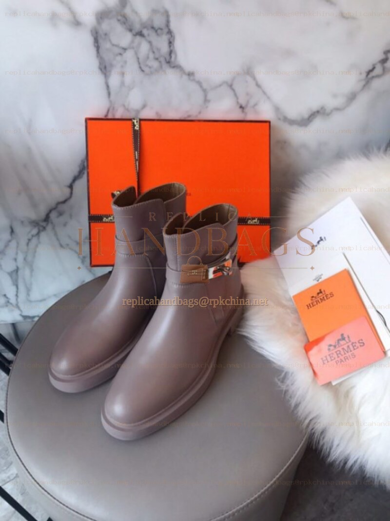 Replica Hermes Gray Low Heel Palladium Buckle Ankle Boot