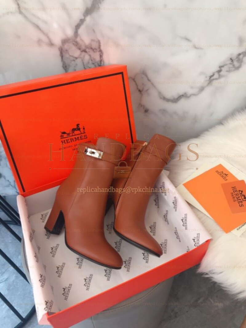 Replica Hermes Brown Pointed Low Heel Palladium Buckle Boot