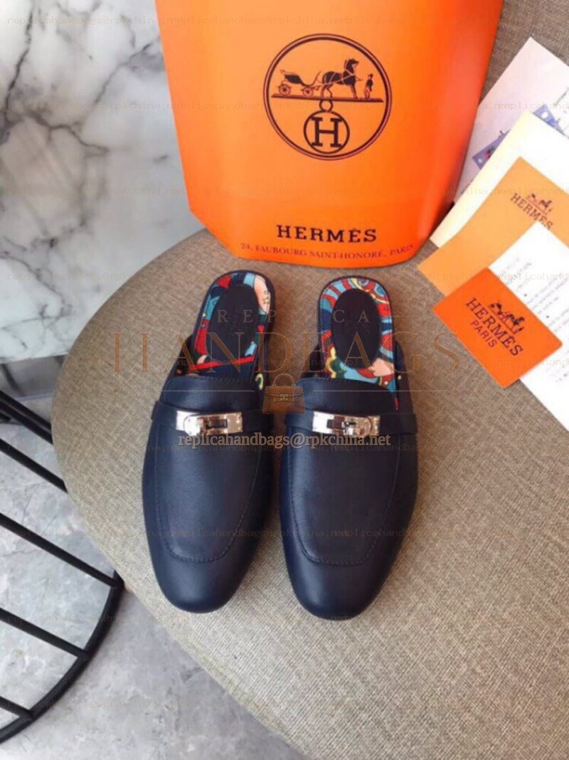 Replica Hermes Navy Palladium H Buckle Loafer