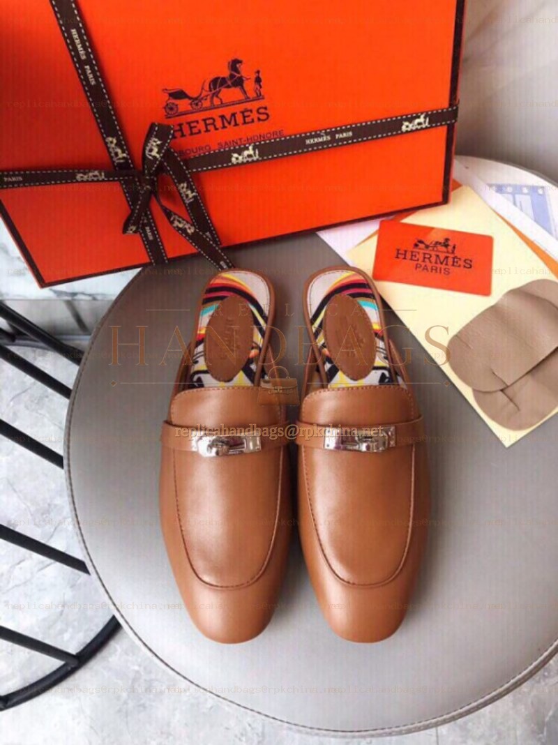Replica Hermes Brown Palladium H Buckle Loafer