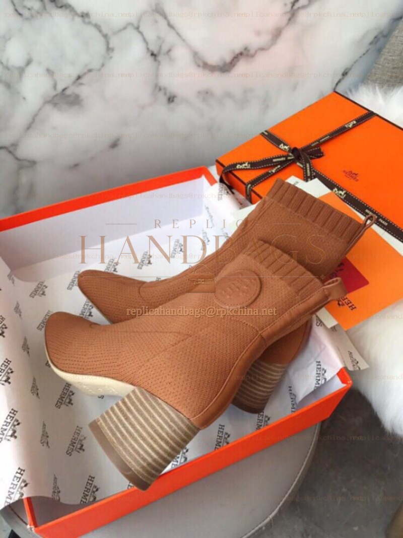Replica Hermes Tan Knit Sock Ankle Boot