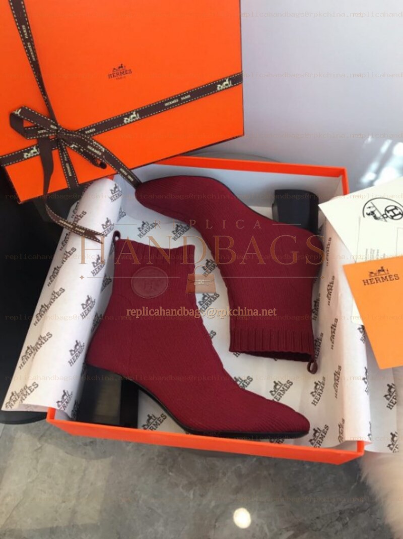 Replica Hermes Burgundy Block Heel Sock Ankle Boot