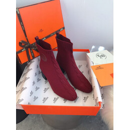 Replica Hermes Burgundy Block Heel Sock Ankle Boot
