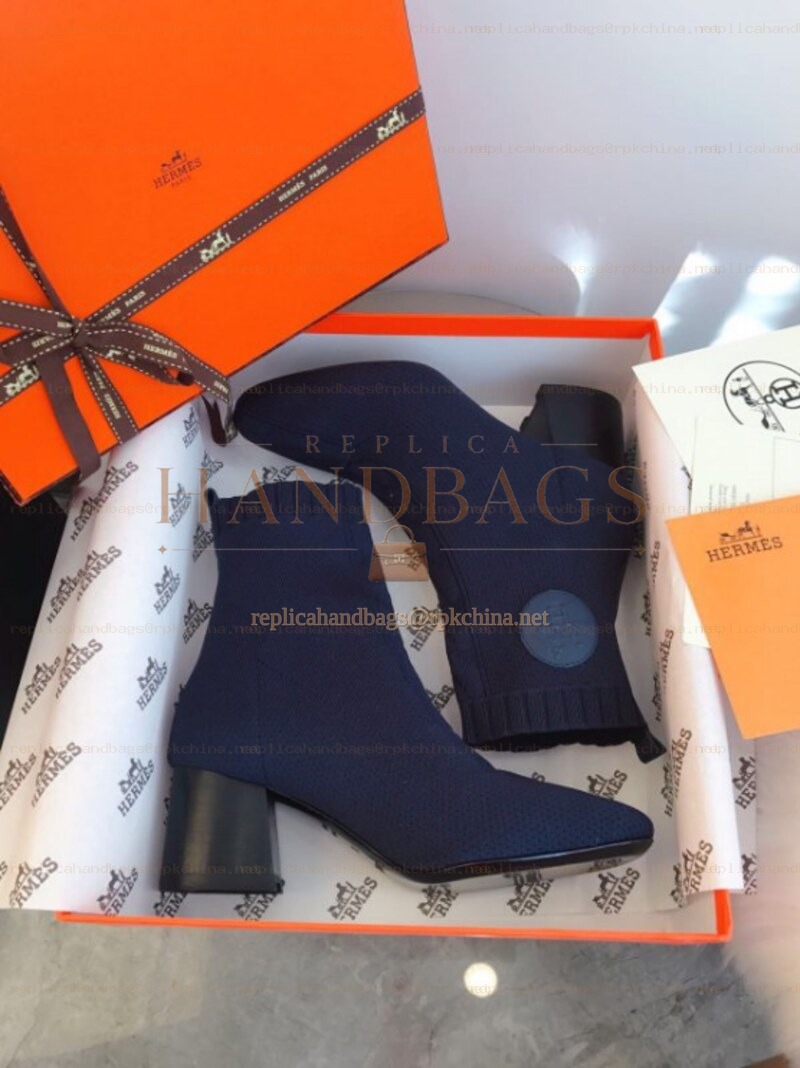 Replica Hermes Navy Block Heel Sock Ankle Boot