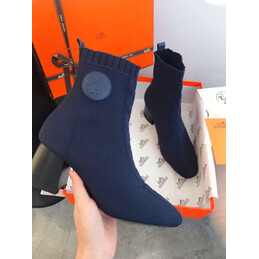 Replica Hermes Navy Block Heel Sock Ankle Boot