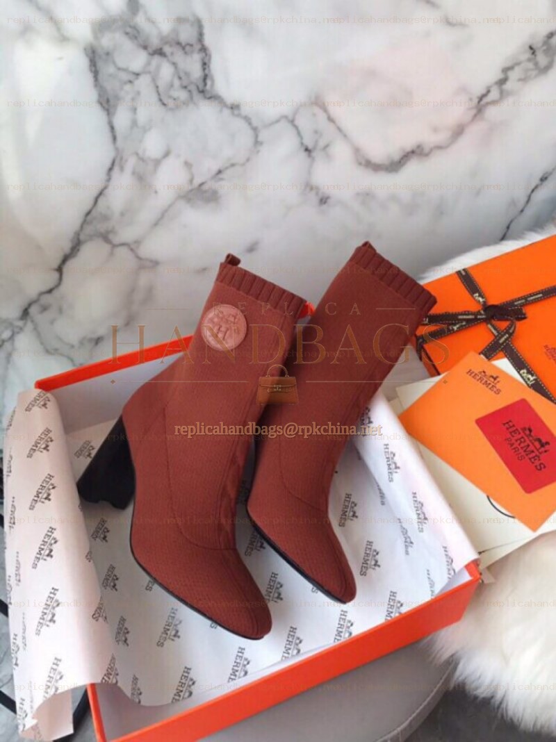 Replica Hermes Rust Block Heel Sock Ankle Boot