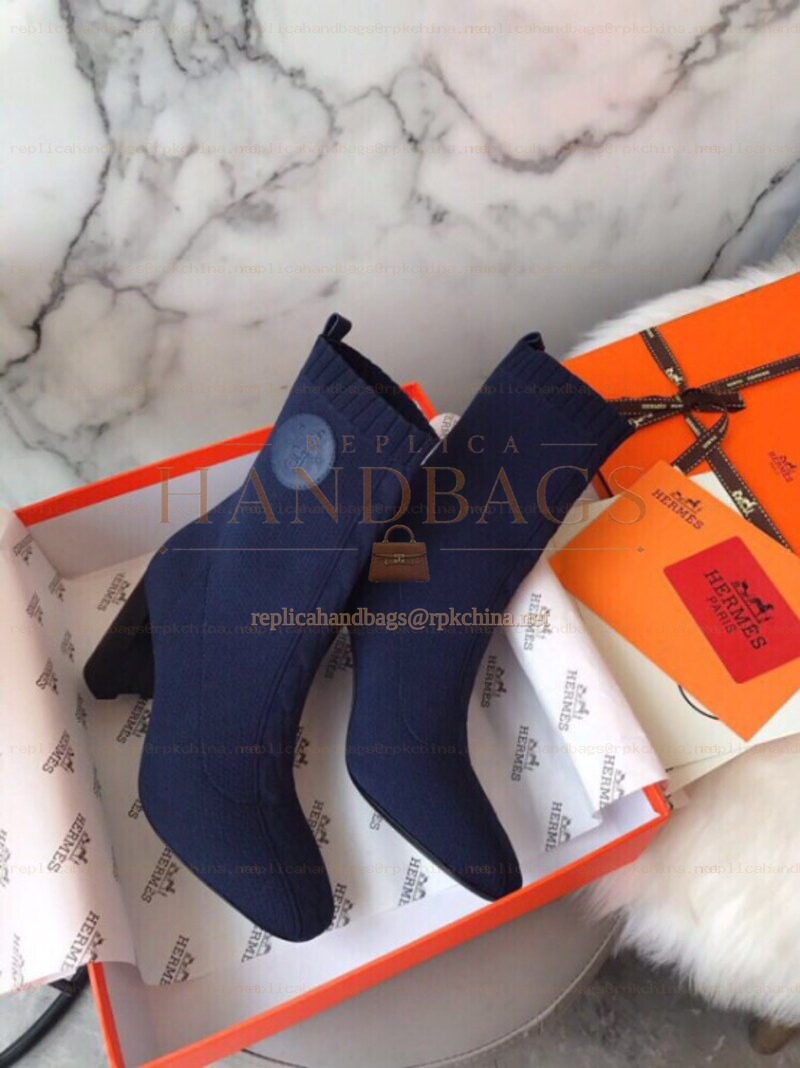 Replica Hermes Navy Logo Button Sock Ankle Boot