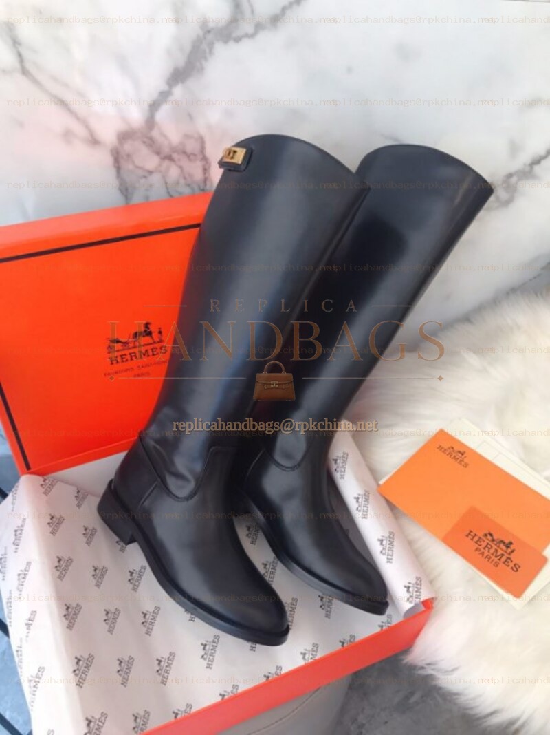 Replica Hermes Black Smooth Palladium Button Knee High Boot