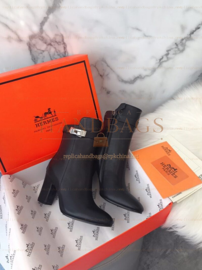 Replica Hermes Black Palladium Buckle Block Heel Ankle Boot