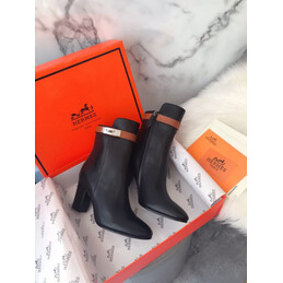 Replica Hermes Black Pointed Palladium Buckle Block Heel Boot